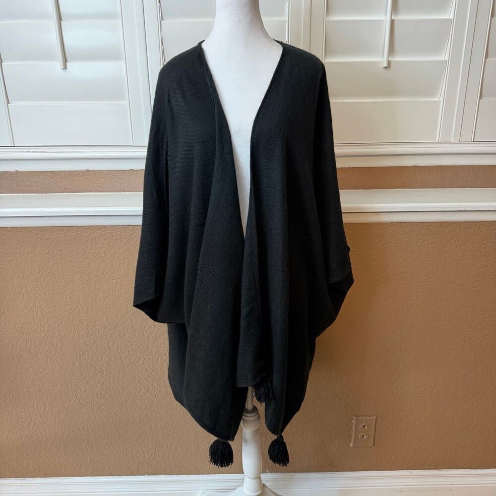 Cleobella Anthropologie Black Poncho Tassel Kimono Wrap Minimalist Boho Luxe OS